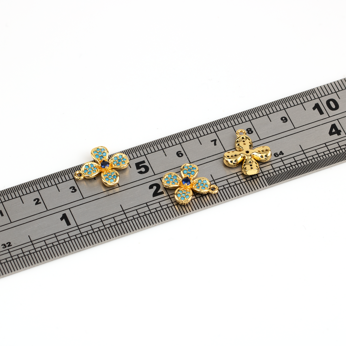 2 x Blue CZ Flower Charms, 18K Gold Plated, 15x13mm