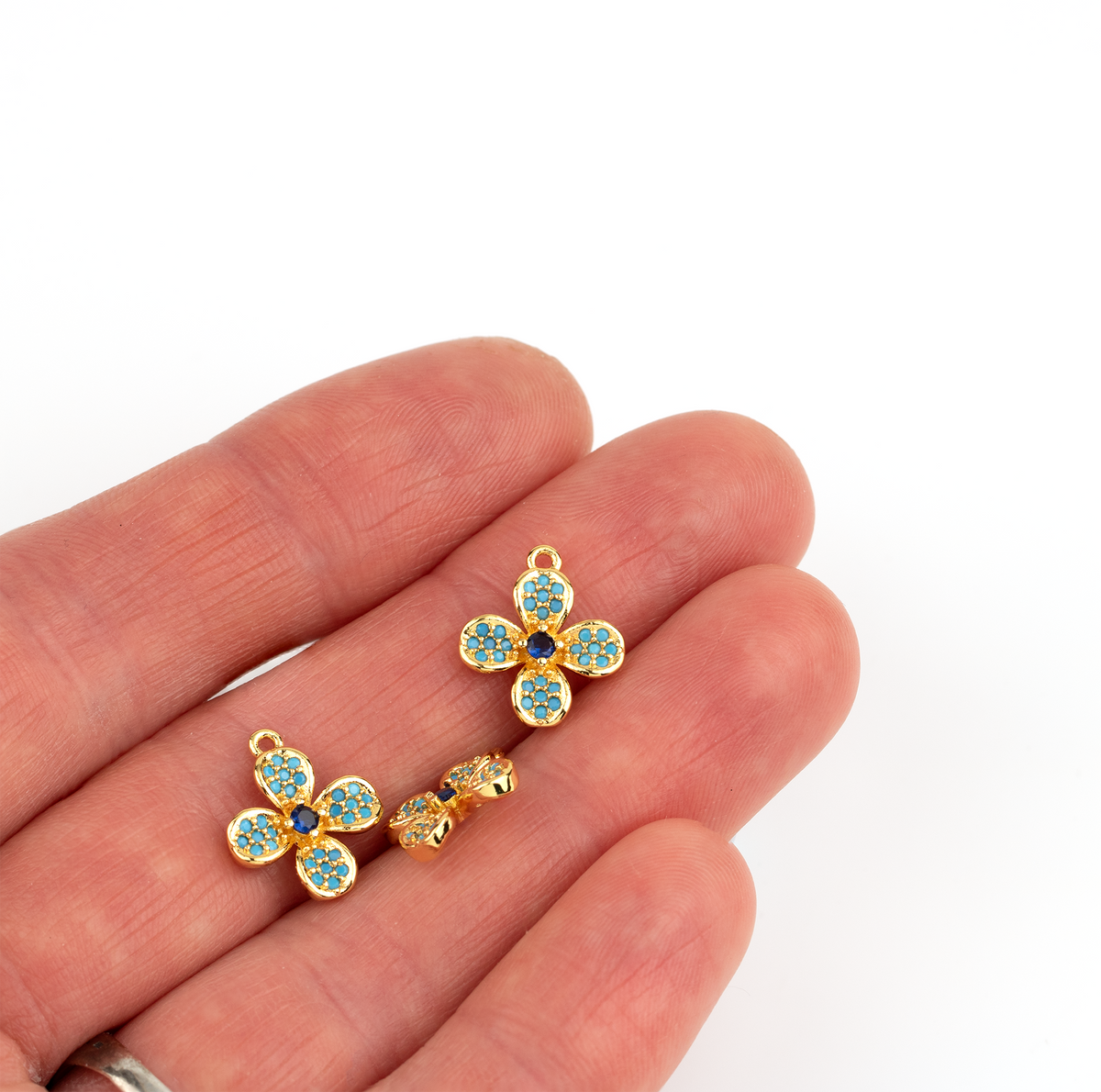 2 x Blue CZ Flower Charms, 18K Gold Plated, 15x13mm