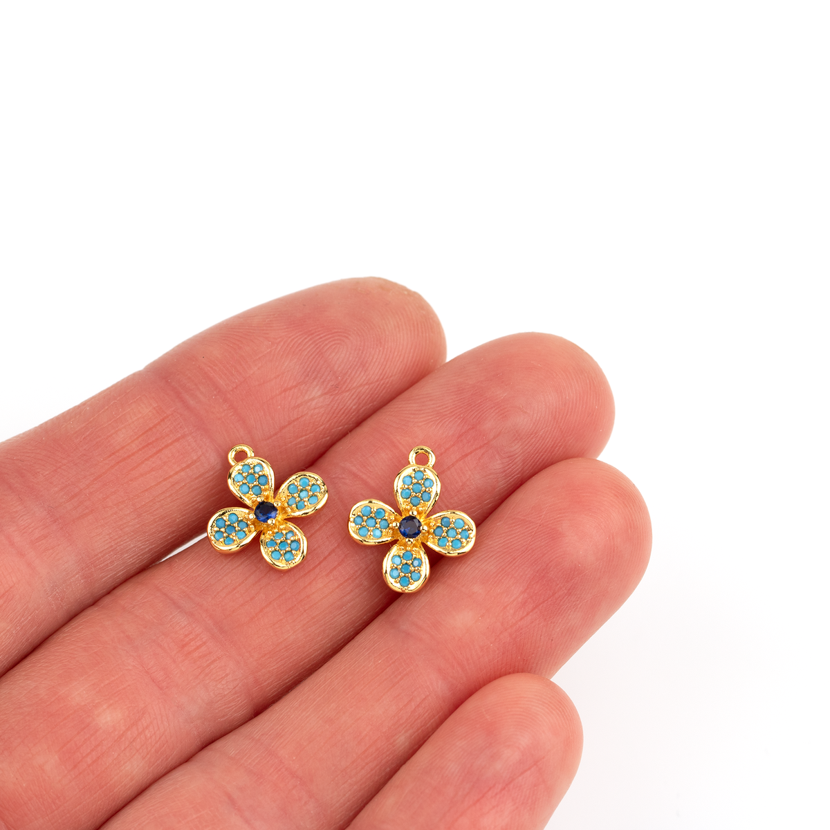 2 x Blue CZ Flower Charms, 18K Gold Plated, 15x13mm