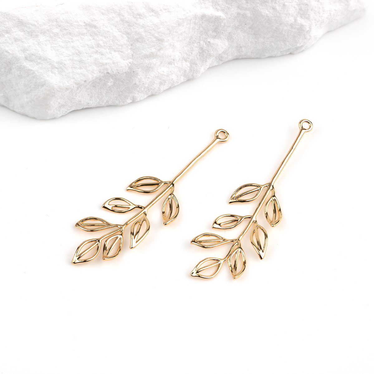 2 x 18K Gold Plated Leafy Branch Pendants, 43x14mm