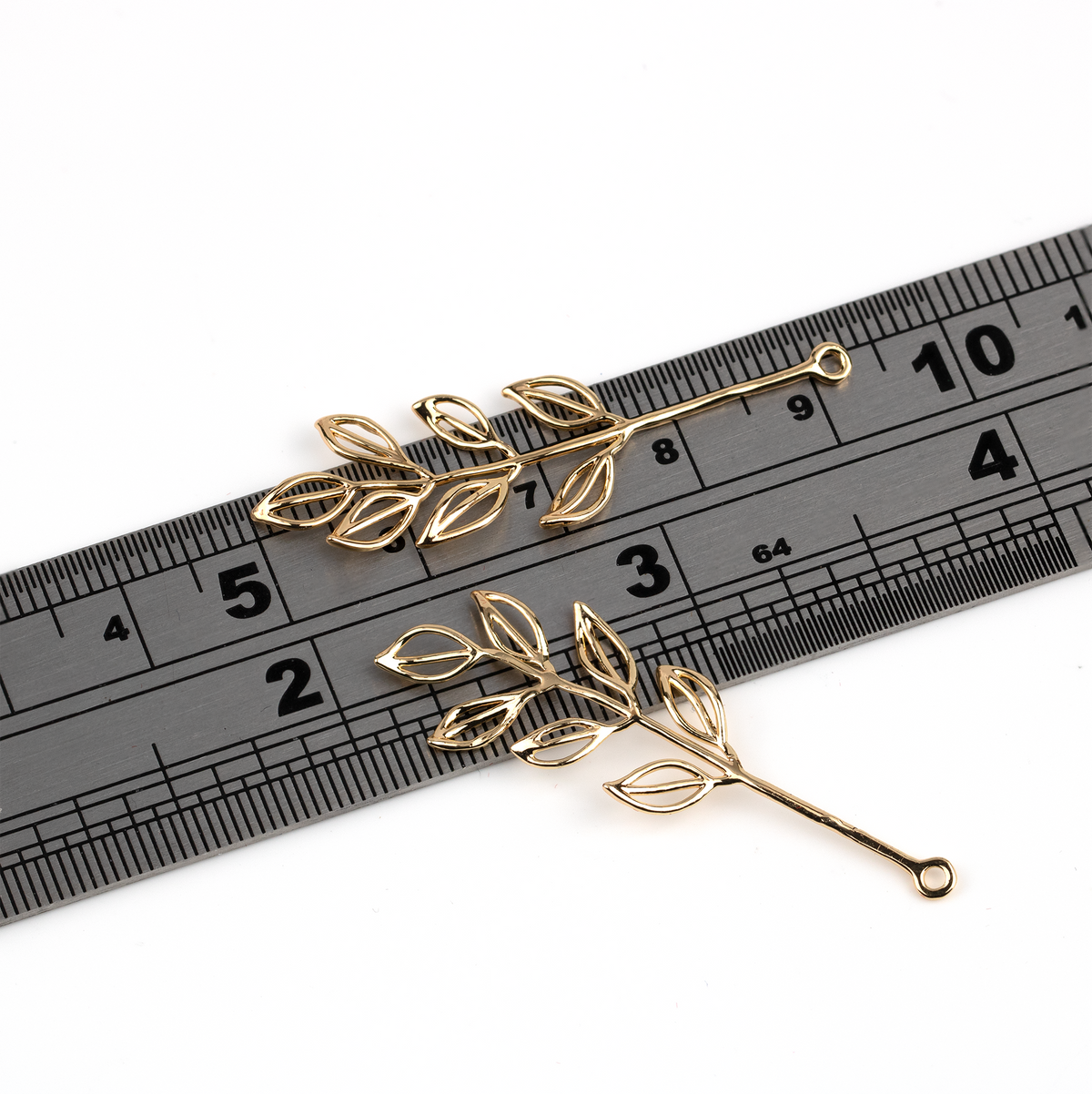 2 x 18K Gold Plated Leafy Branch Pendants, 43x14mm