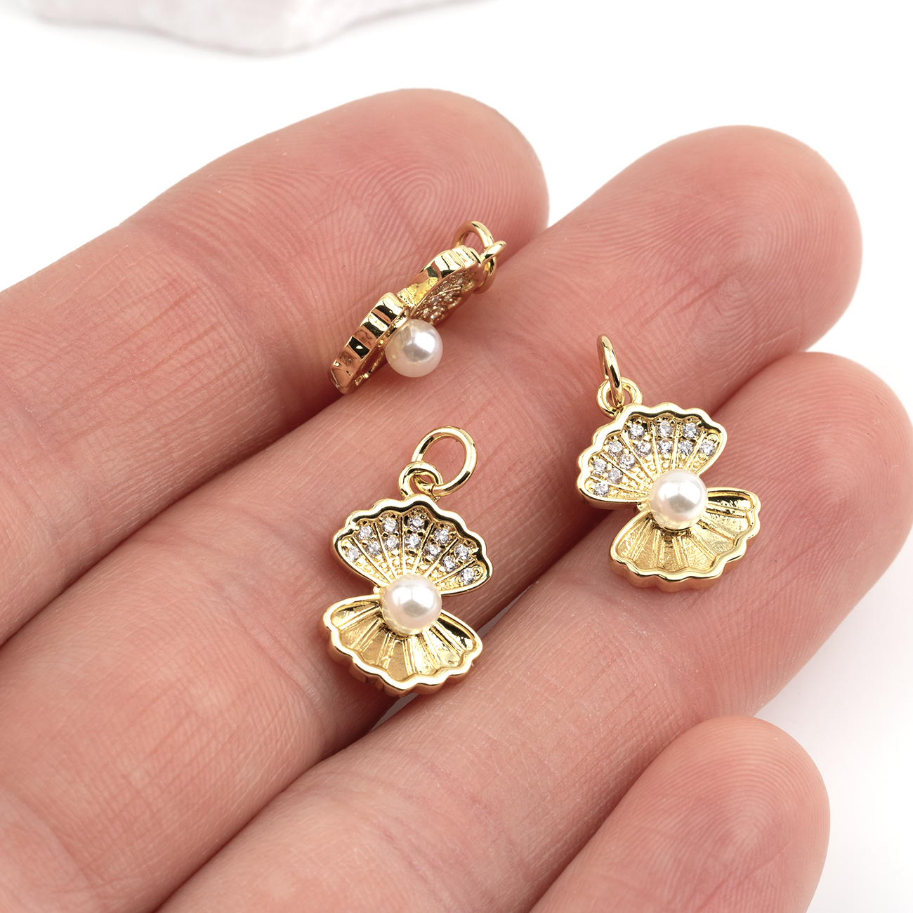 18K Gold Plated Scallop Shell Charm with CZ and Pearl, 16x11mm