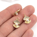 18K Gold Plated Scallop Shell Charm with CZ and Pearl, 16x11mm