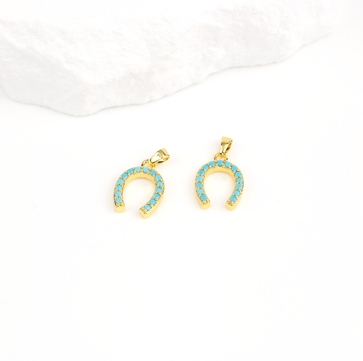 Micro Pave Blue CZ Horseshoe Charm, 18K Gold Plated