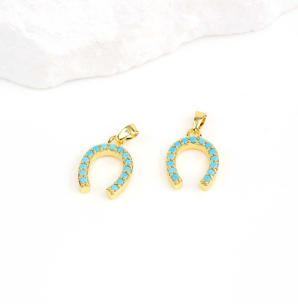 Micro Pave Blue CZ Horseshoe Charm, 18K Gold Plated