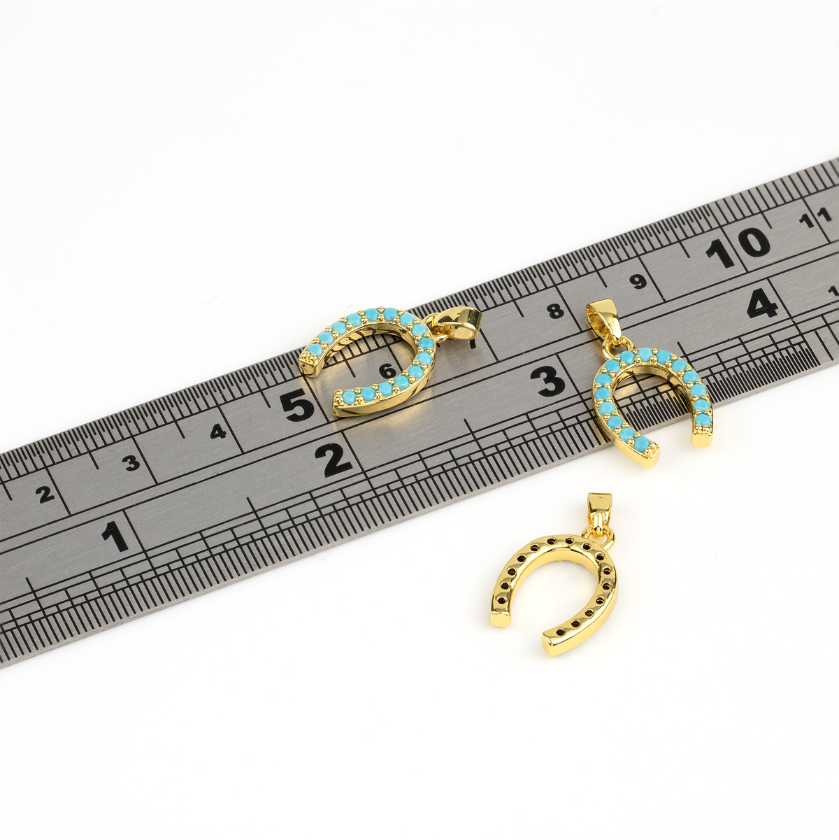 Micro Pave Blue CZ Horseshoe Charm, 18K Gold Plated