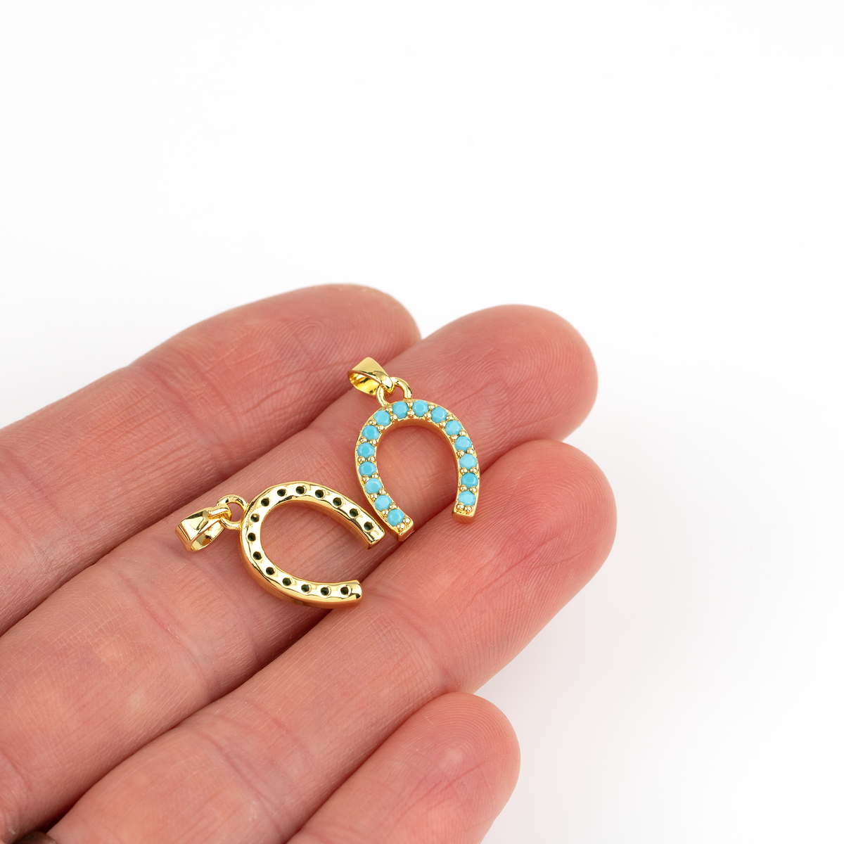 Micro Pave Blue CZ Horseshoe Charm, 18K Gold Plated