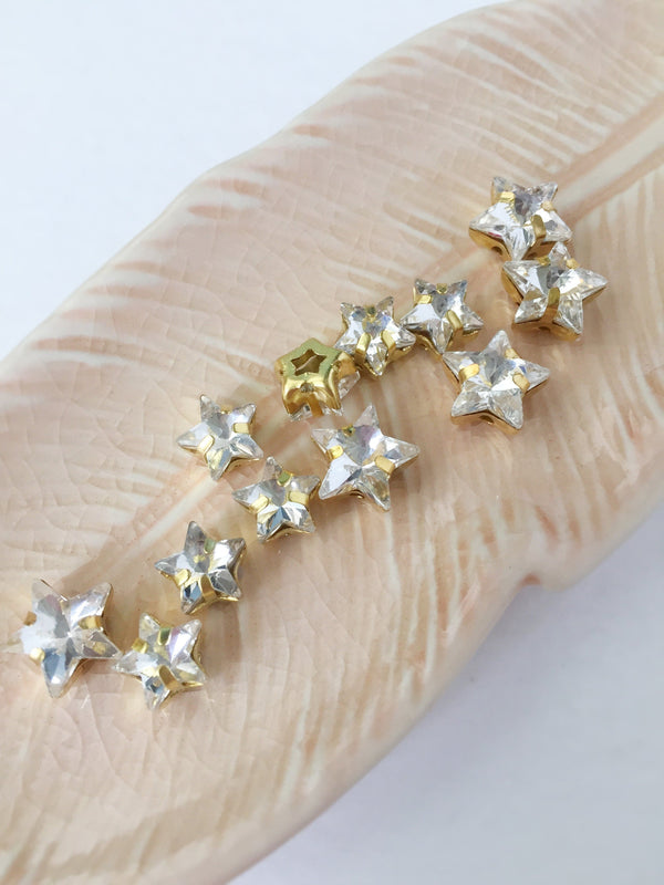 12 x 8mm Clear Crystal Star Rhinestones, Sew-on Gold Base (3483)