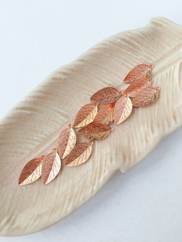 144 x Rose Gold Brass Leaf Charms, 15x8mm