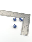 6 x Round White Ceramic Beads with Navy Blue Leaf Pattern, 8mm (3988)