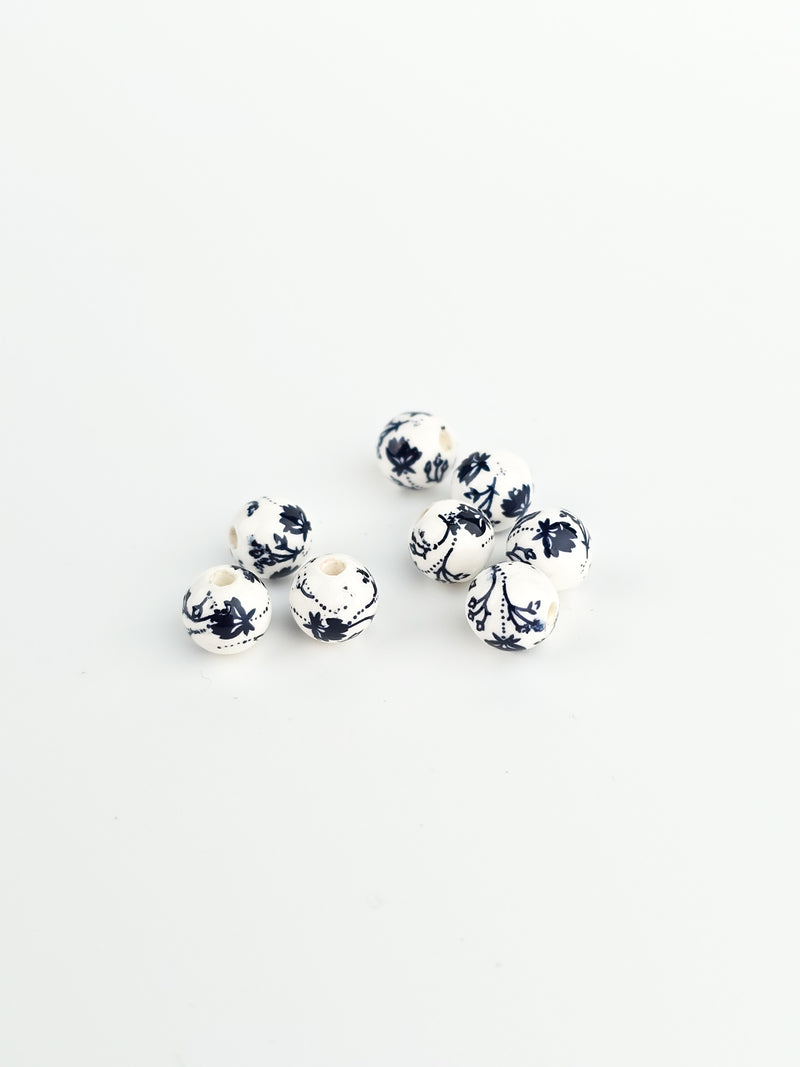 6 x Round White Ceramic Beads with Navy Blue Floral Pattern, 8mm (3992)