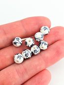 6 x Round White Ceramic Beads with Navy Blue Floral Pattern, 8mm (3992)