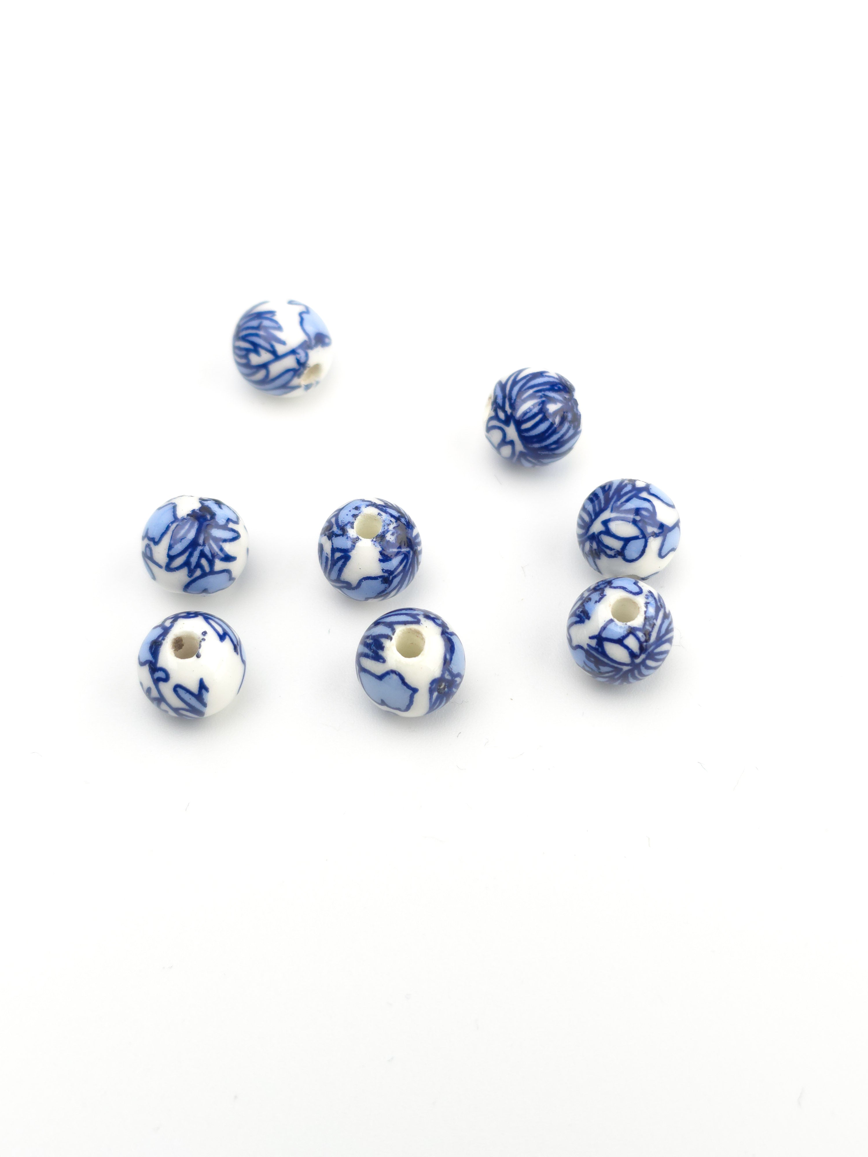 6 x Round White Ceramic Beads with Navy Blue Leaf Pattern, 8mm (0148)