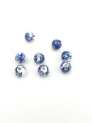 6 x Round White Ceramic Beads with Navy Blue Leaf Pattern, 8mm (3988)