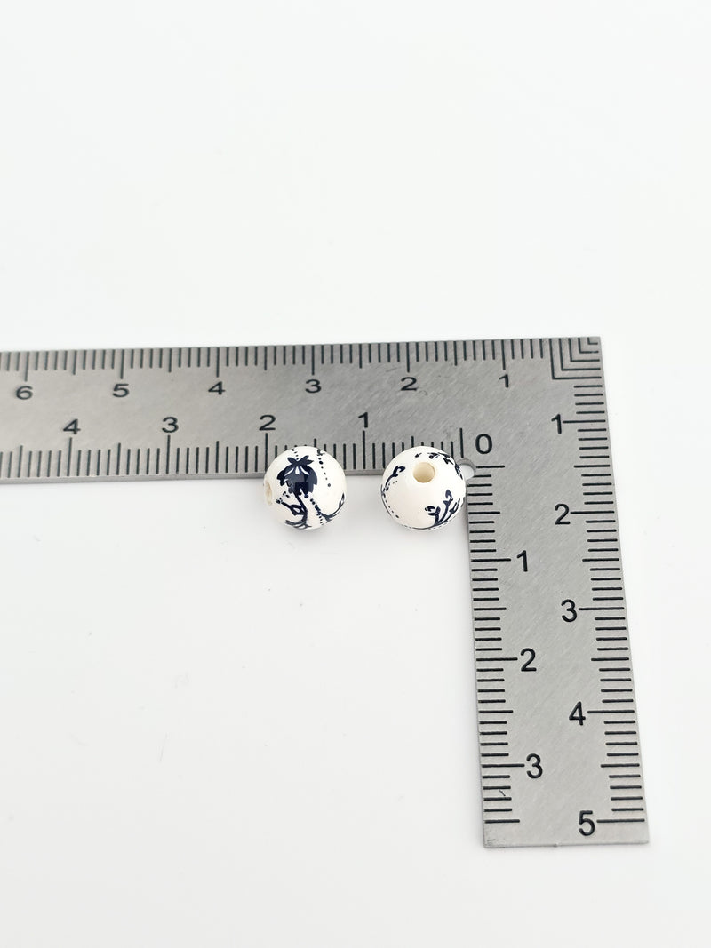 6 x Round White Ceramic Beads with Navy Blue Floral Pattern, 8mm (3992)