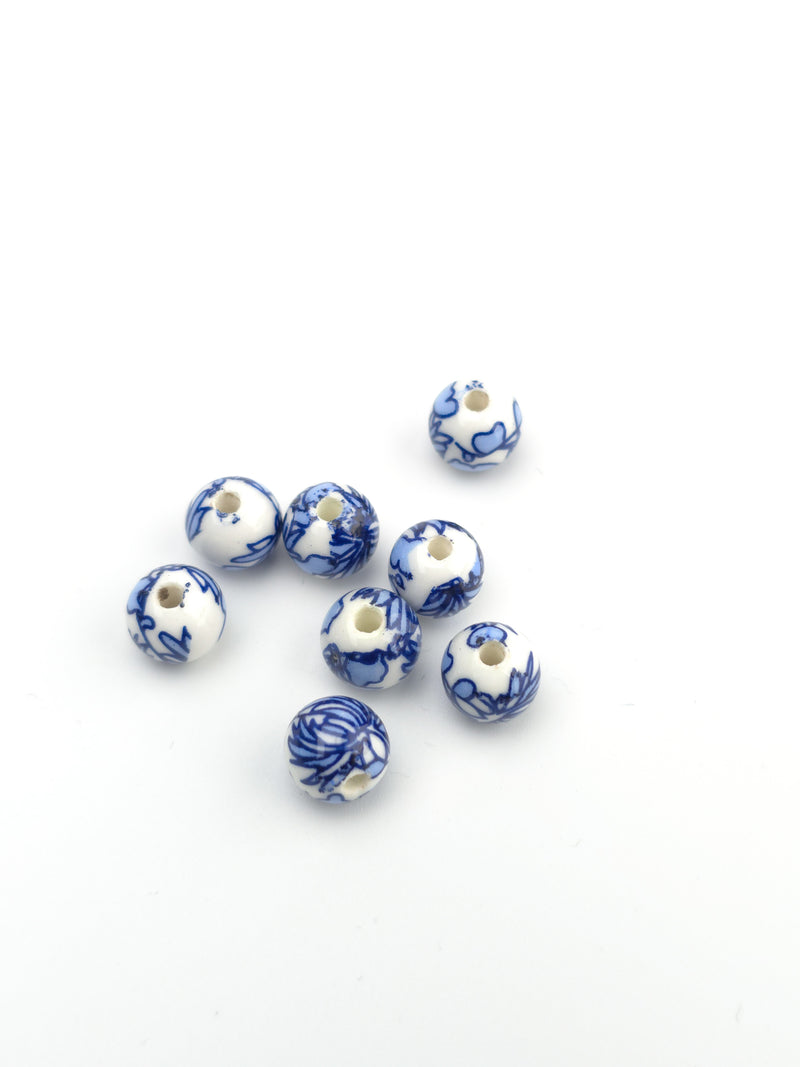 6 x Round White Ceramic Beads with Navy Blue Leaf Pattern, 8mm (3988)