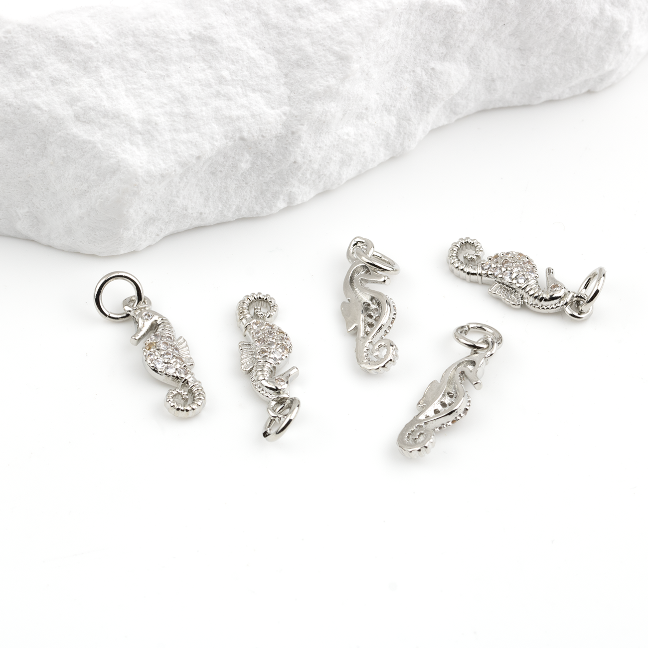 2 x Platinum Plated CZ Seahorse Charms, 16x6mm