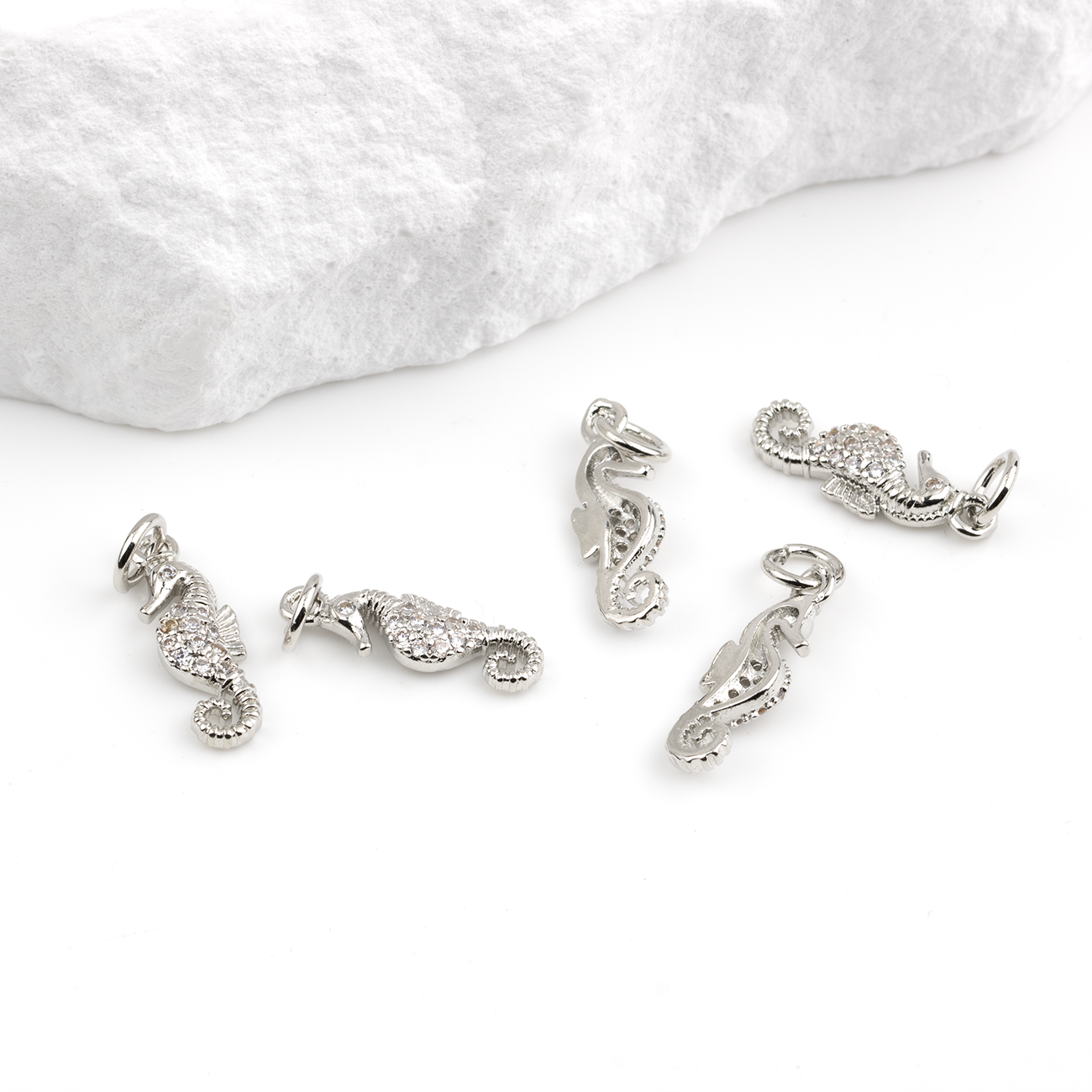 2 x Platinum Plated CZ Seahorse Charms, 16x6mm