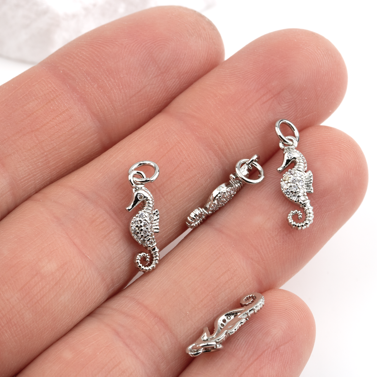 2 x Platinum Plated CZ Seahorse Charms, 16x6mm