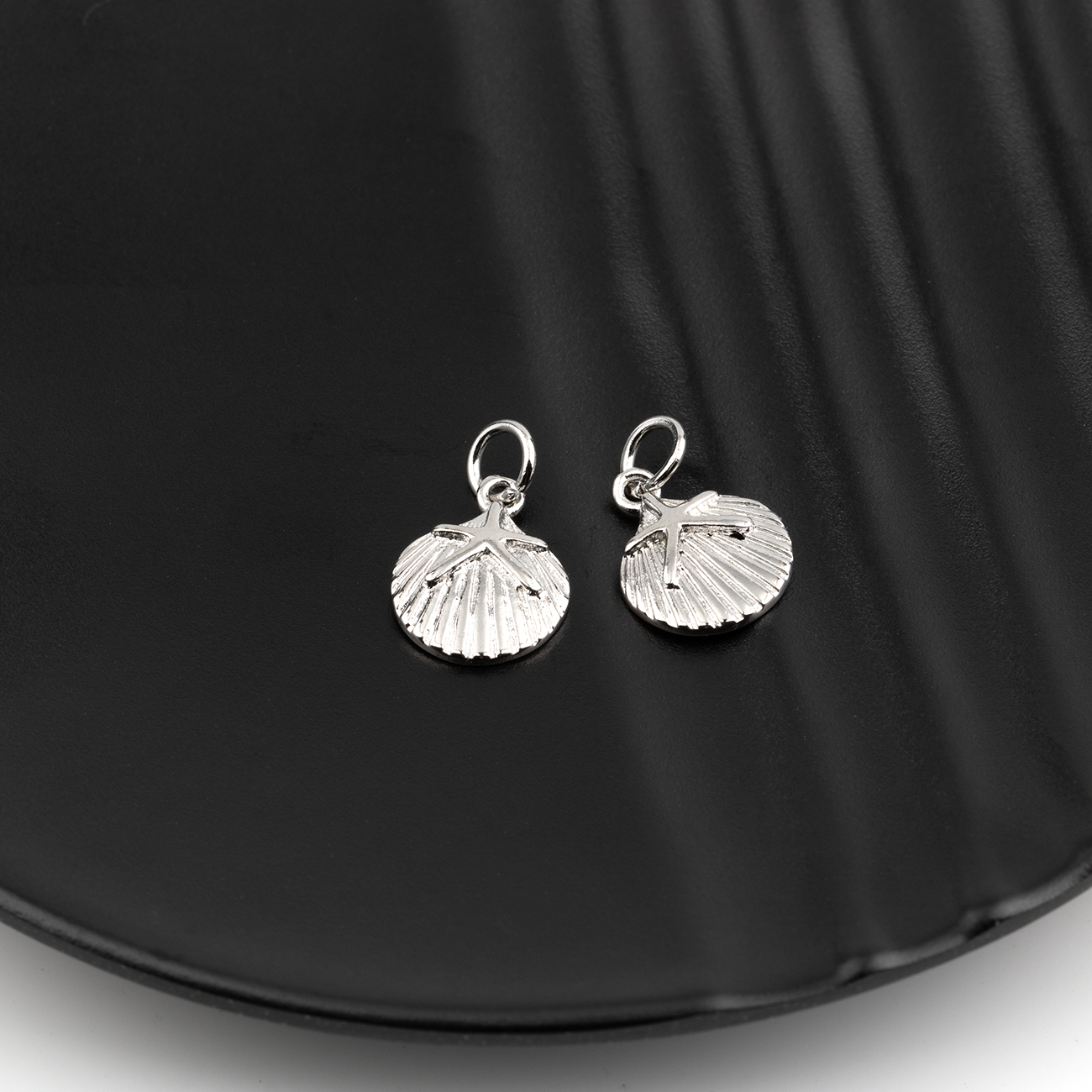 2 x Platinum Plated Brass Scallop Shell Charms, 13.5x10.5mm