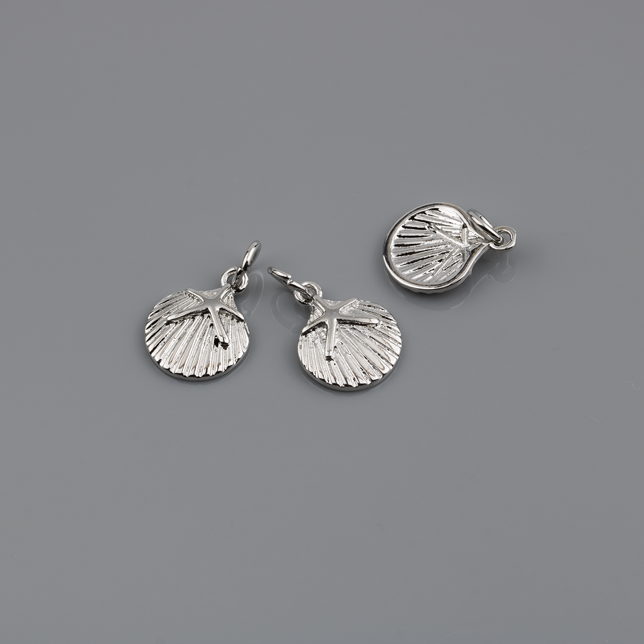 2 x Platinum Plated Brass Scallop Shell Charms, 13.5x10.5mm