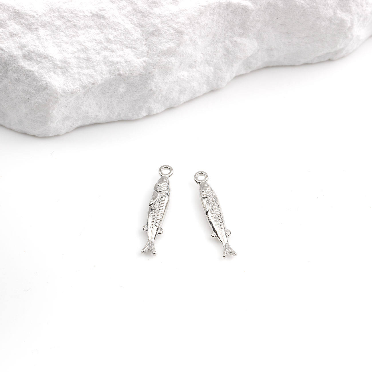 2 x Platinum Plated Brass Sardine Charms, 19x3.5mm