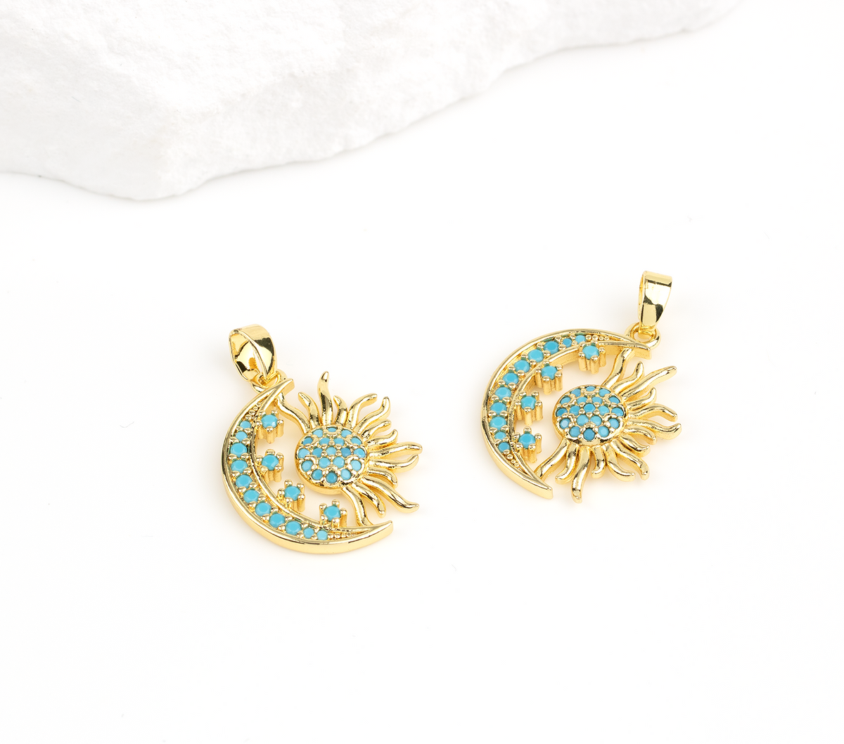 Micro Pave Blue CZ Sun and Moon Charm, 18K Gold Plated