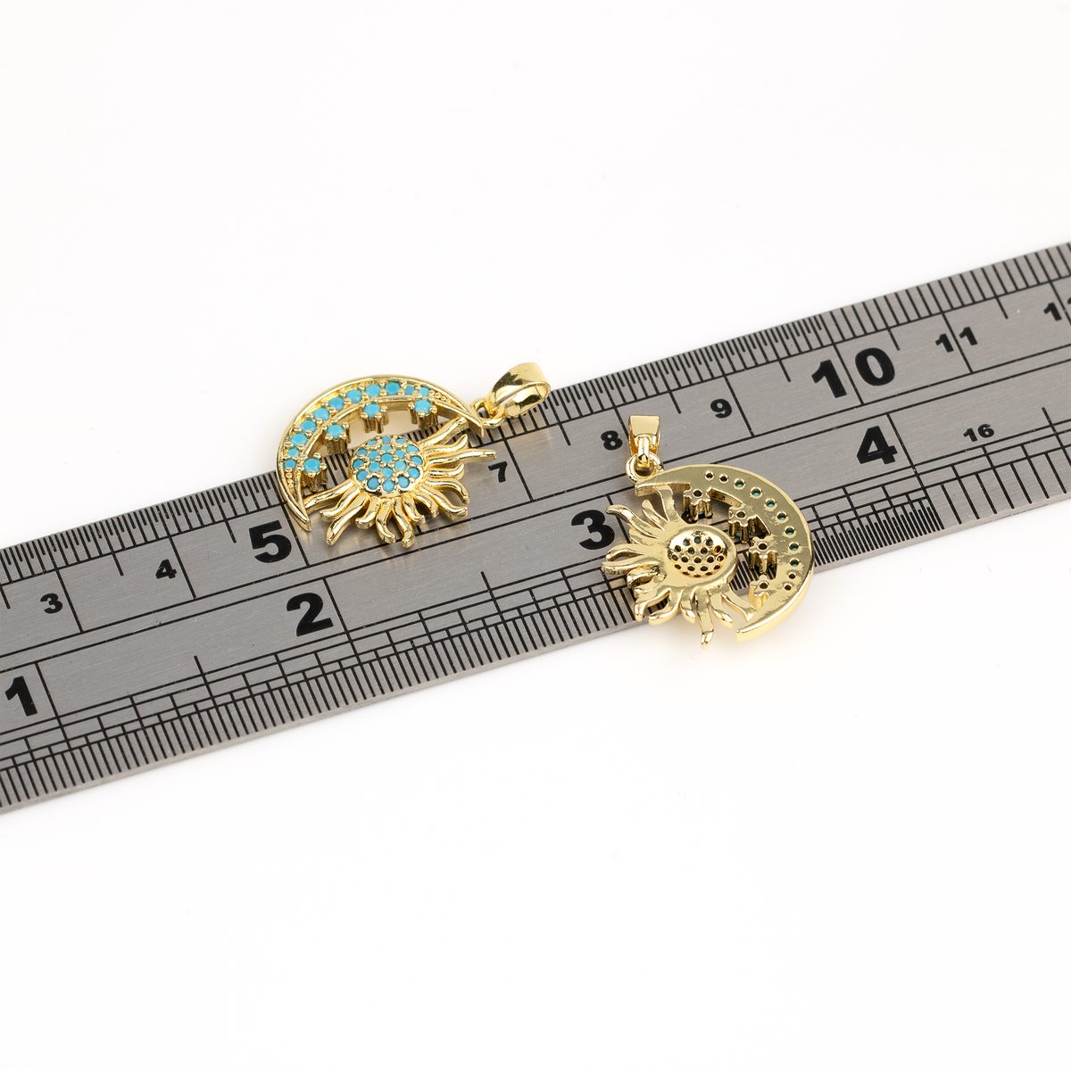 Micro Pave Blue CZ Sun and Moon Charm, 18K Gold Plated