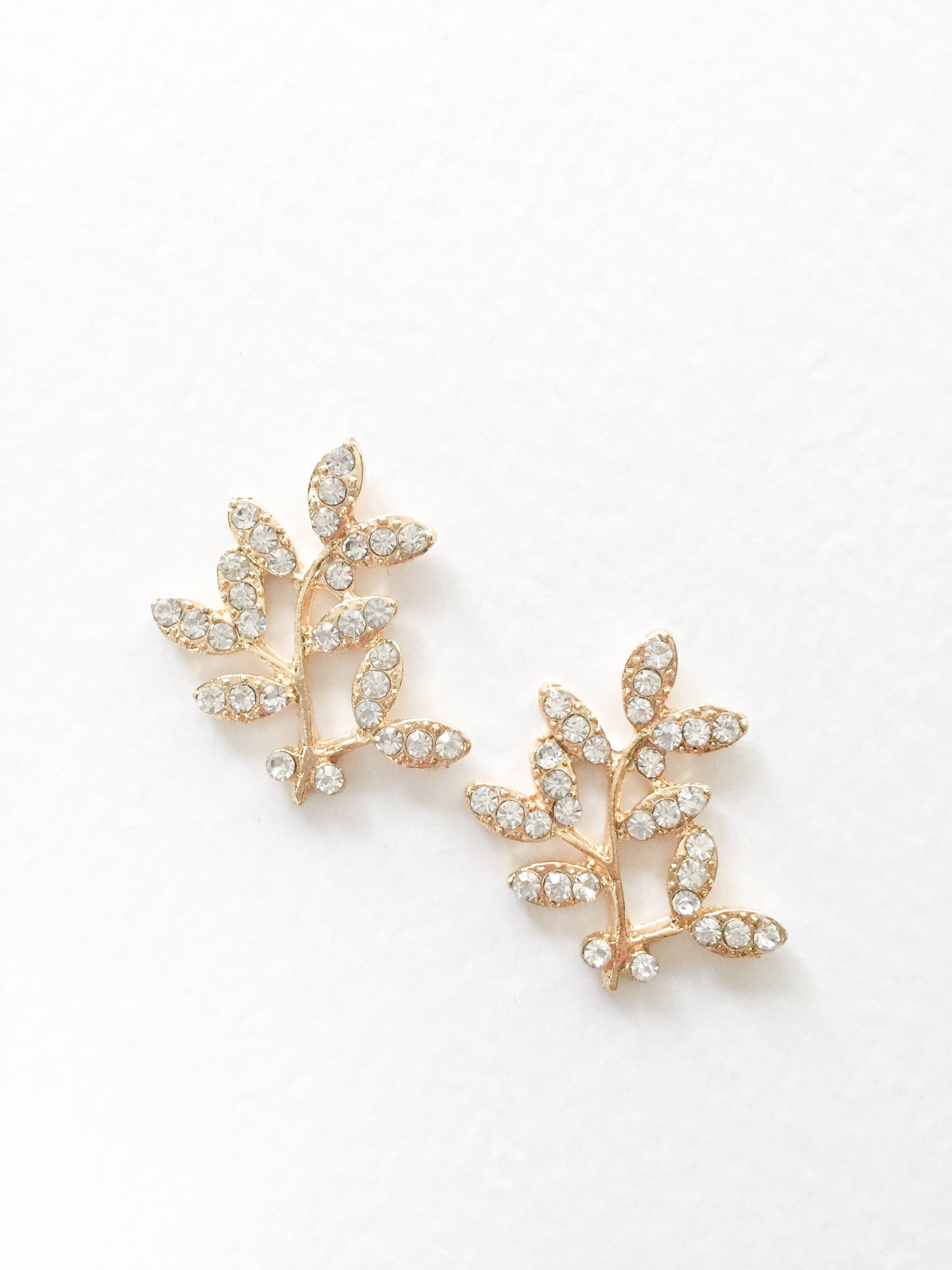 2 x Gold Leaf Branches with Diamante Rhinestone, 33x30mm (C5)