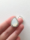 2 x 13x18mm Silver Plated Pear Shaped White Opal Rhinestones, Sew-on