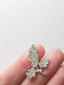 2 x Diamanté Leaf Charms, Brigh Silver Rhinestone Crystal Leaf Embellishment, 28x25mm (D8)