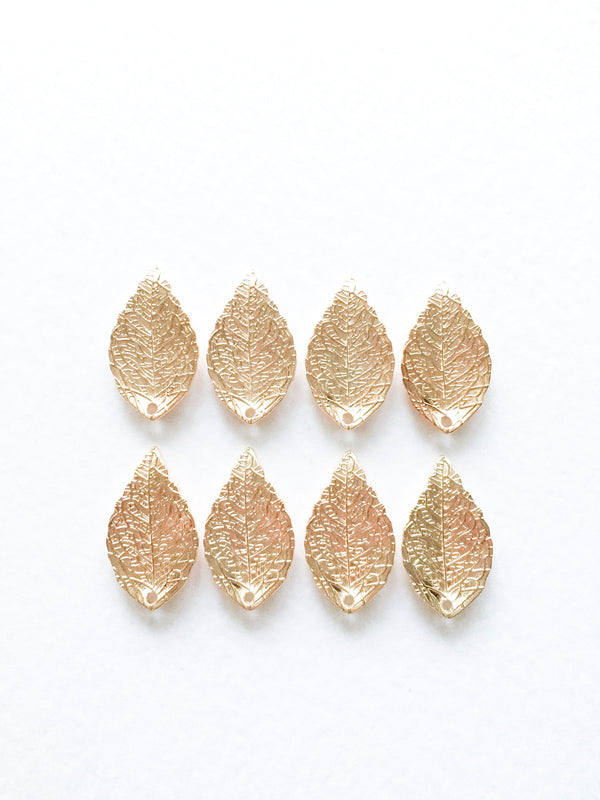 8 x Champagne Gold Tone Textured Leaf Pendants, 20x14mm