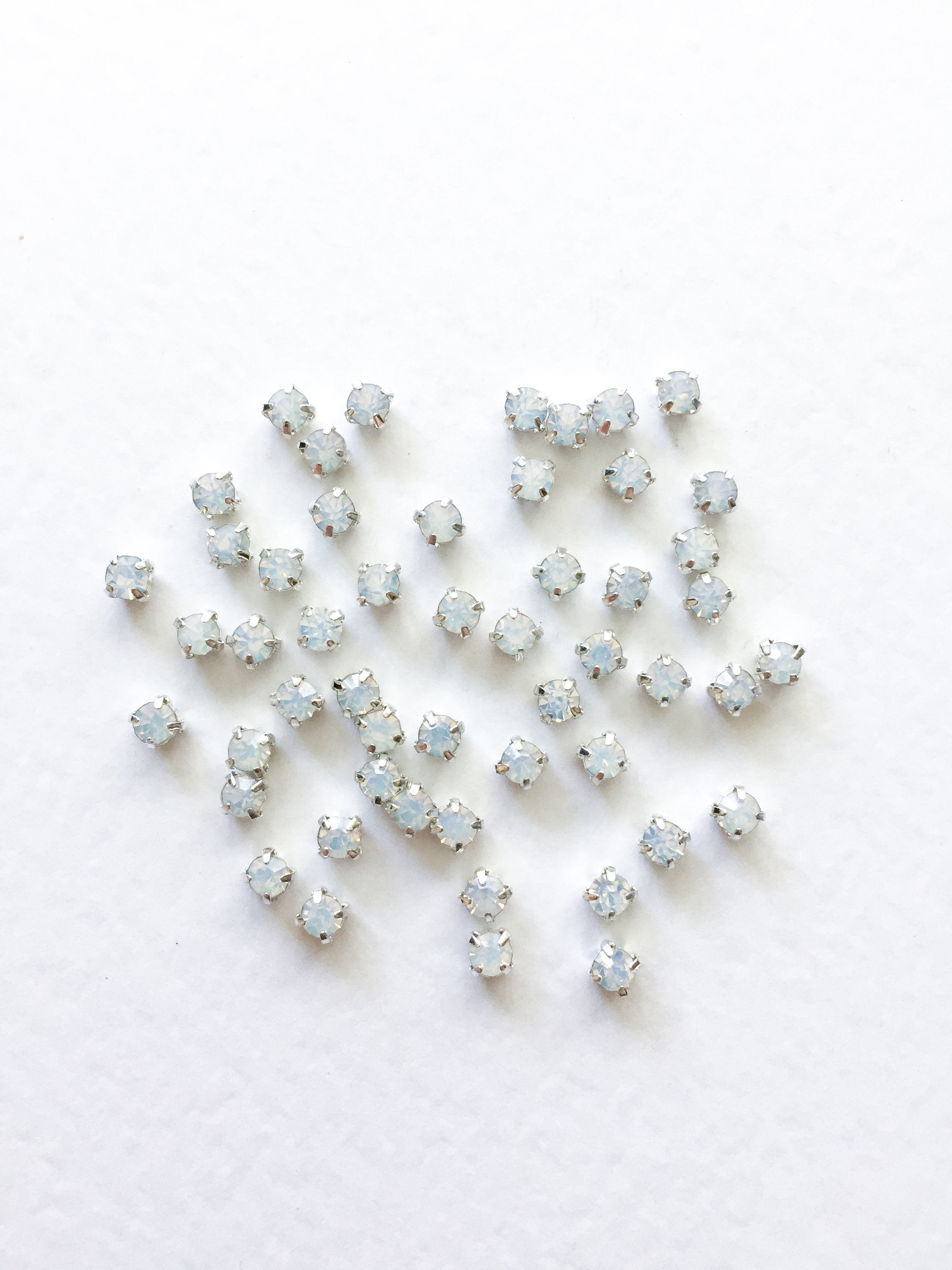4mm/5mm/6mm White Opal Sew On Rhinestones in Silver Setting (0973)