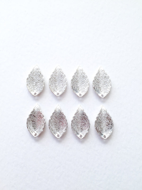 8 x Bright Silver Plated Textured Leaf Charms, 25x13mm (0697)