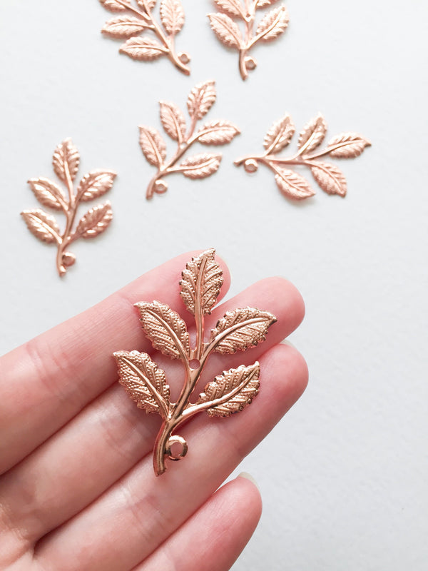 6 x Rose Gold Plated Rose Leaf Branch Charms, 50x32mm (C2)