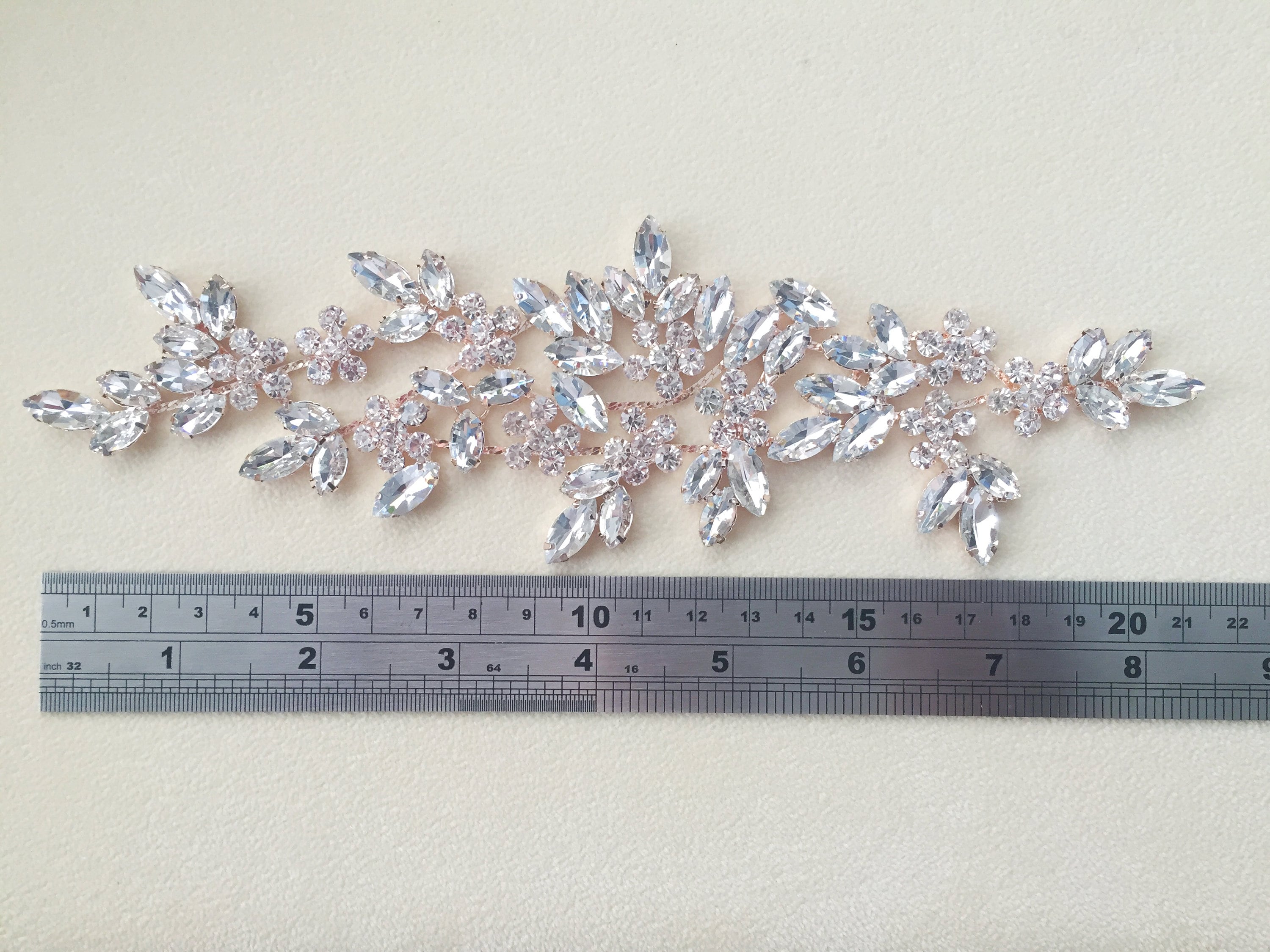 1 x Crystal Bridal Sash Applique, 21x6.4cm Gold/Silver/Rose Gold Base