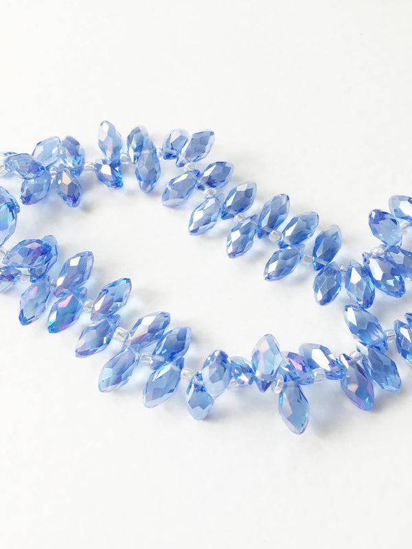 1 strand x AB Cornflower Blue Crystal Briolette Beads, 6x12mm Light AB Blue Faceted Glass, 98 beads