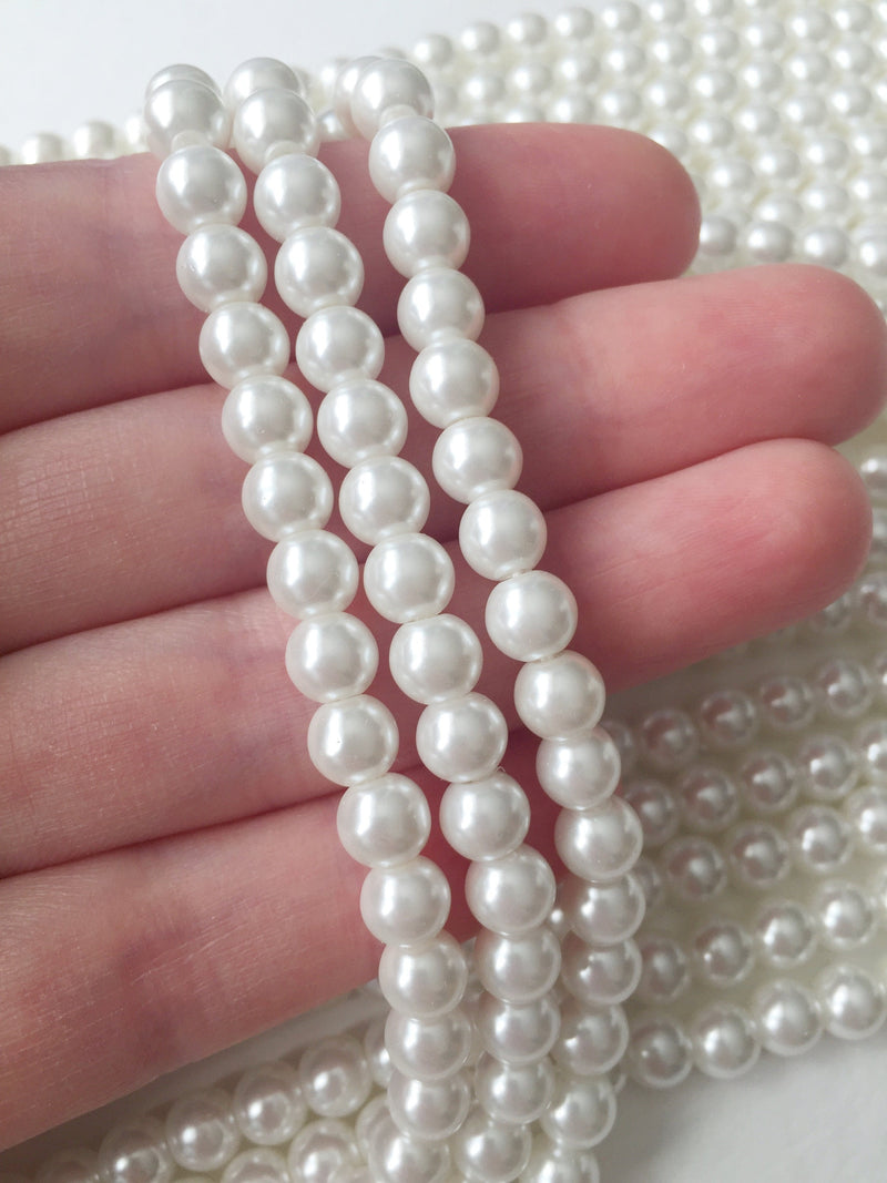 1 strand x 6mm Milky White Pearl Beads, Soft White Crystal Pearls (0847)