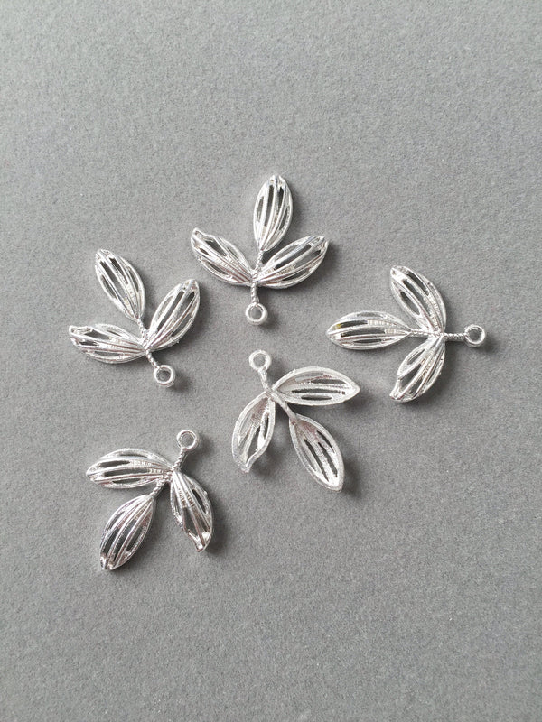 6 x Silver Plated Leaf Branch Charms, 28x25mm