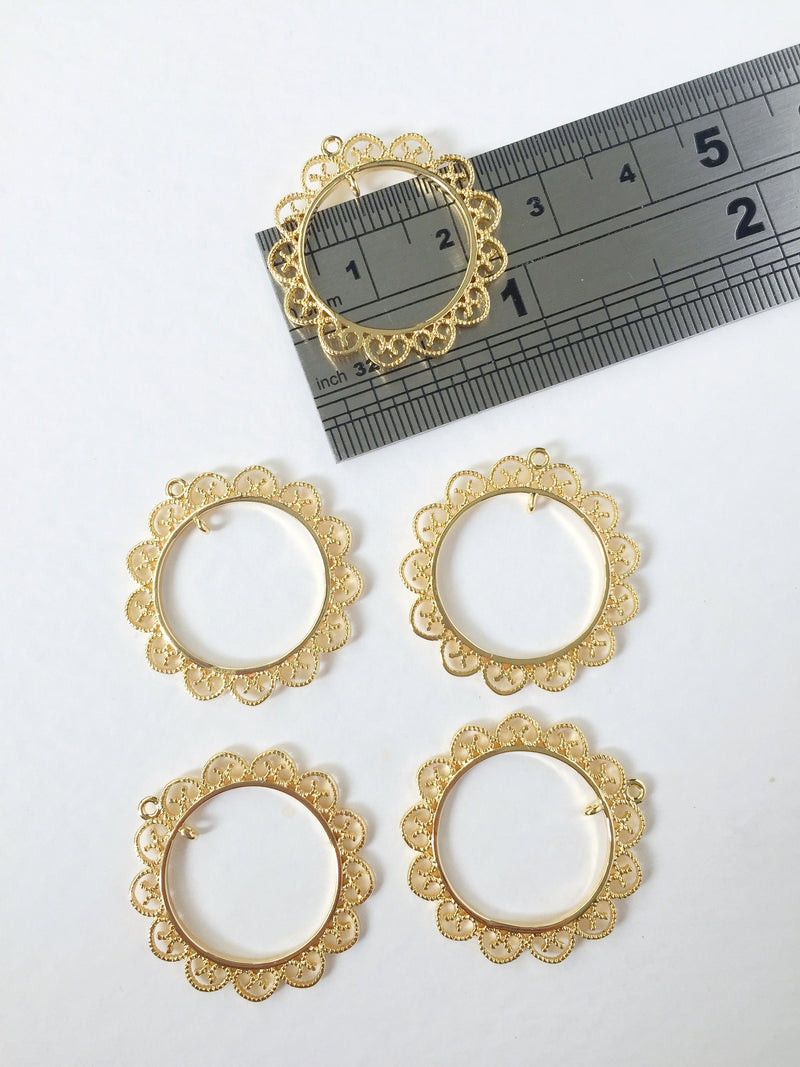 2 x 18K Gold Plated Ornate Hoop Connectors, 26x25mm Lace Edge Round Jewellery Links (0287)