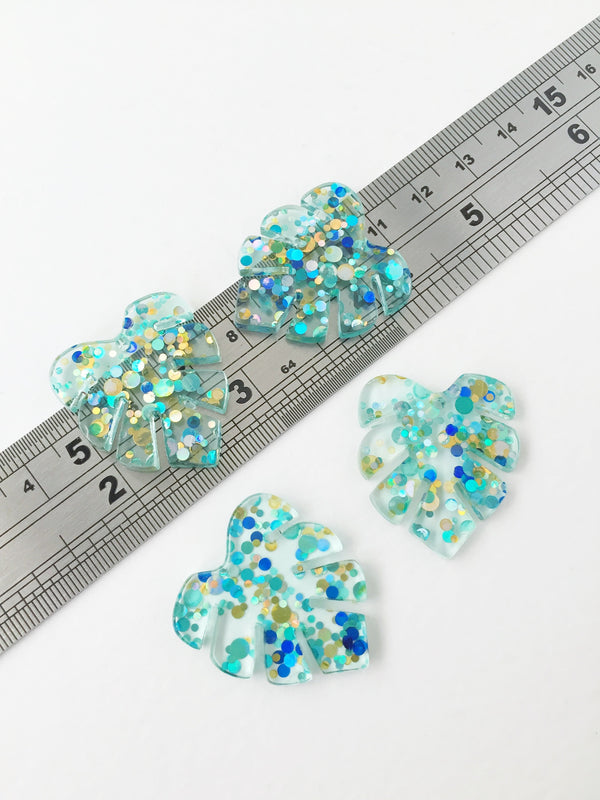 2 x Turquoise Resin Monstera Leaf Pendants with Glitter, 30x26mm (0766)