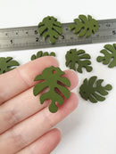 10 x Olive Green Wood Monstera Leaf Pendants, 30x25mm