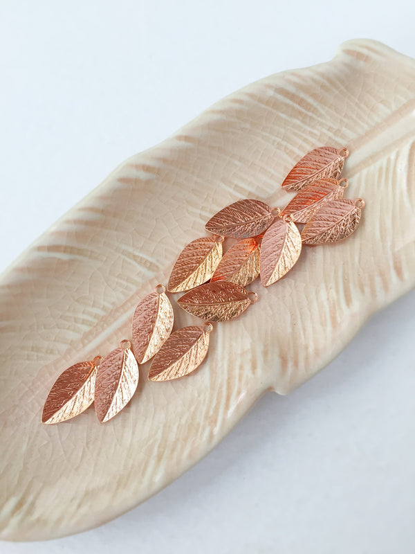 12 x Rose Gold Plated Brass Leaf Charms, 15x8mm (0701)