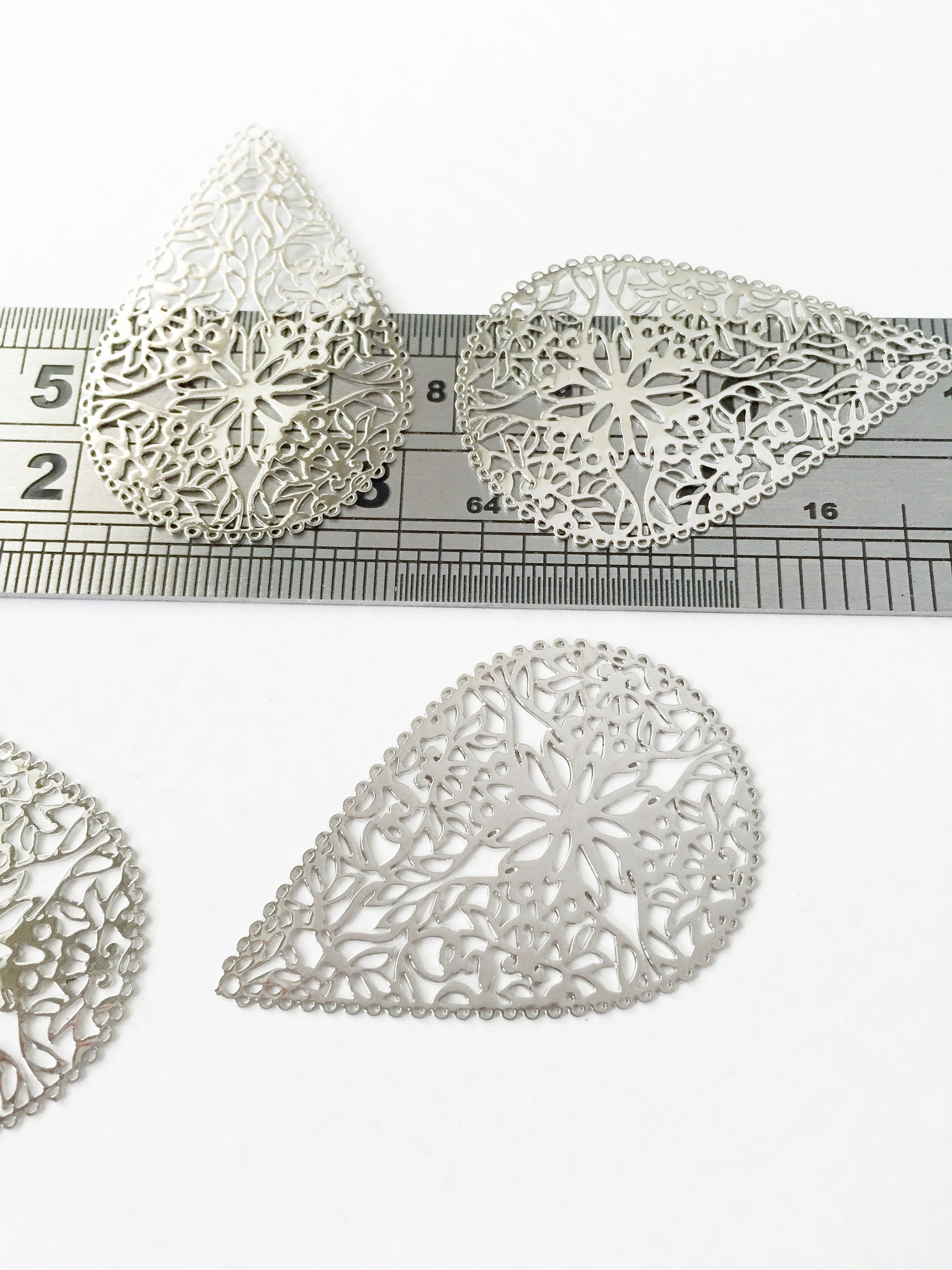 2 x Platinum Plated Floral Filigree Teardrop Pendants, 40x26mm (0294)