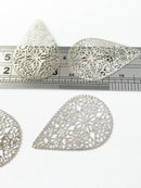 2 x Platinum Plated Floral Filigree Teardrop Pendants, 40x26mm (0294)