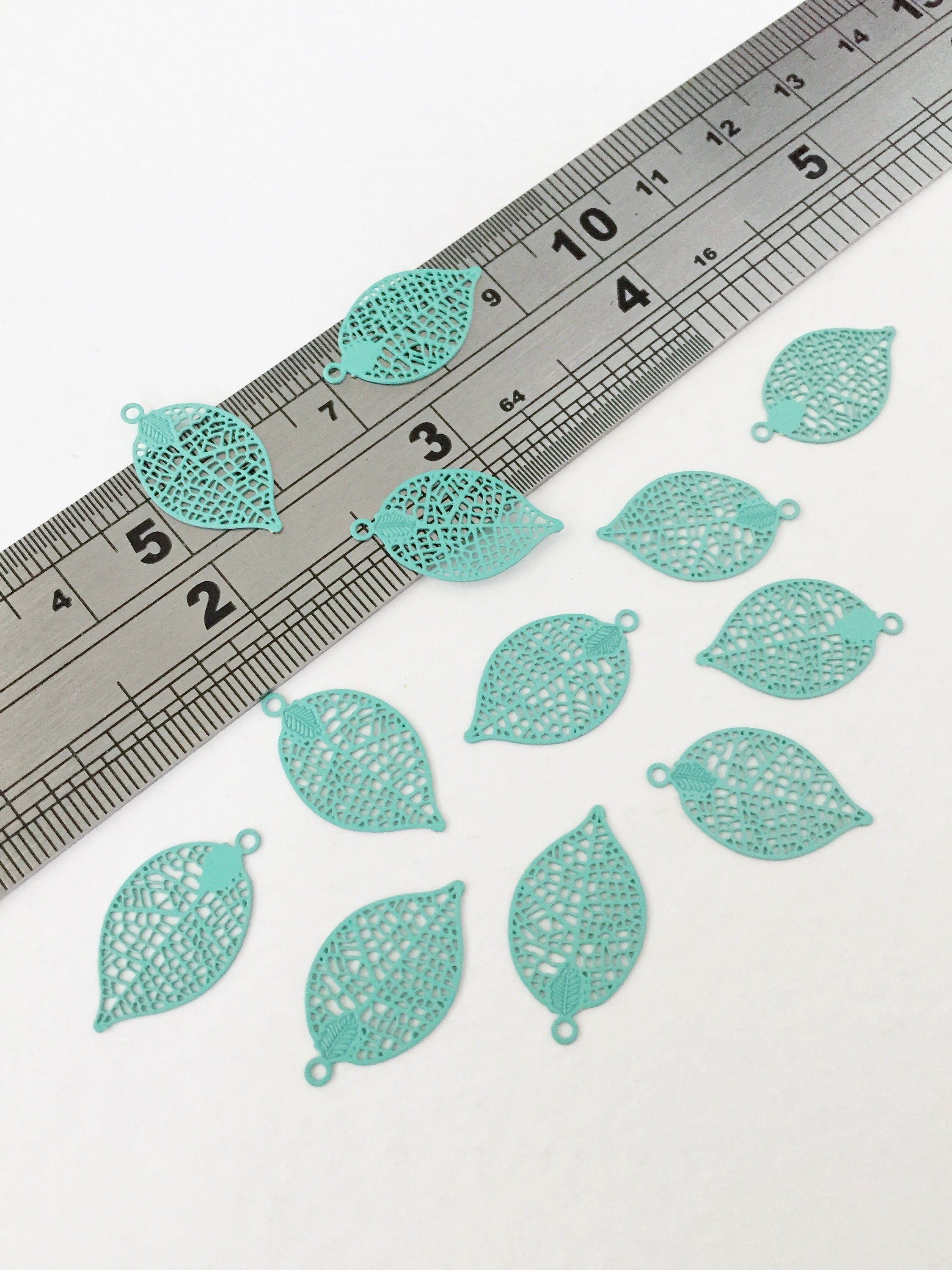 6 x Turquoise Spray Painted Filigree Leaf Pendants, 20x11.5mm