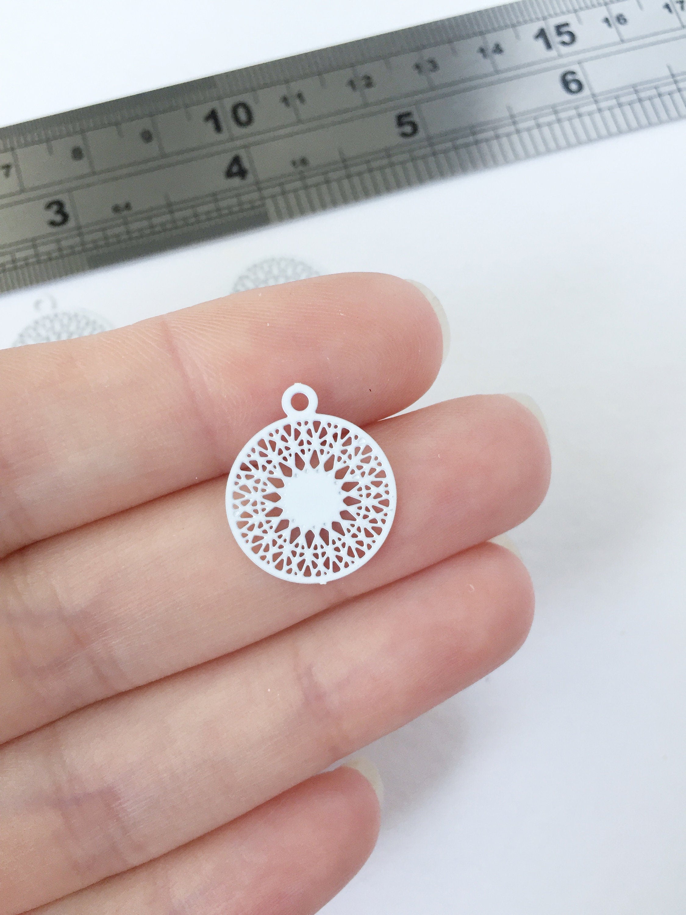 10 x White Spray Painted Brass Filigree Earring Pendants, 18.5x16mm (0477)