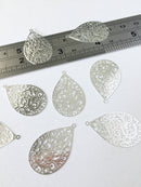 2 x Silver Plated Filigree Drop Pendants, 30x19mm (0466)