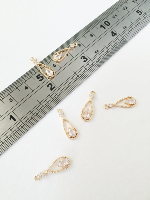 2 x 24K Gold Plated Cubic Zirconia Drop Charms, 18x6mm (0147)