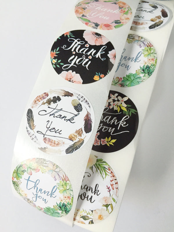 100 x Thank You Stickers, 2.5cm Round Floral Design Stickers